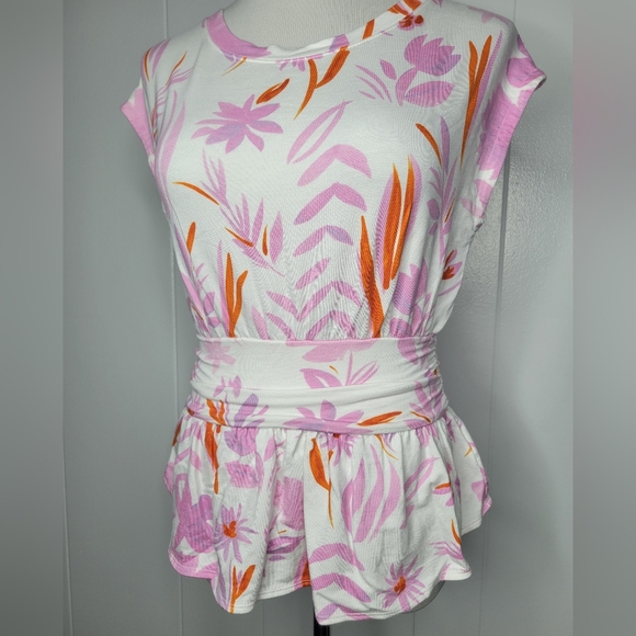 SALE Anthropologie Postmark Tropical Pink White Floral Peplum Cap Sleeve Top XS - Picture 4 of 12
